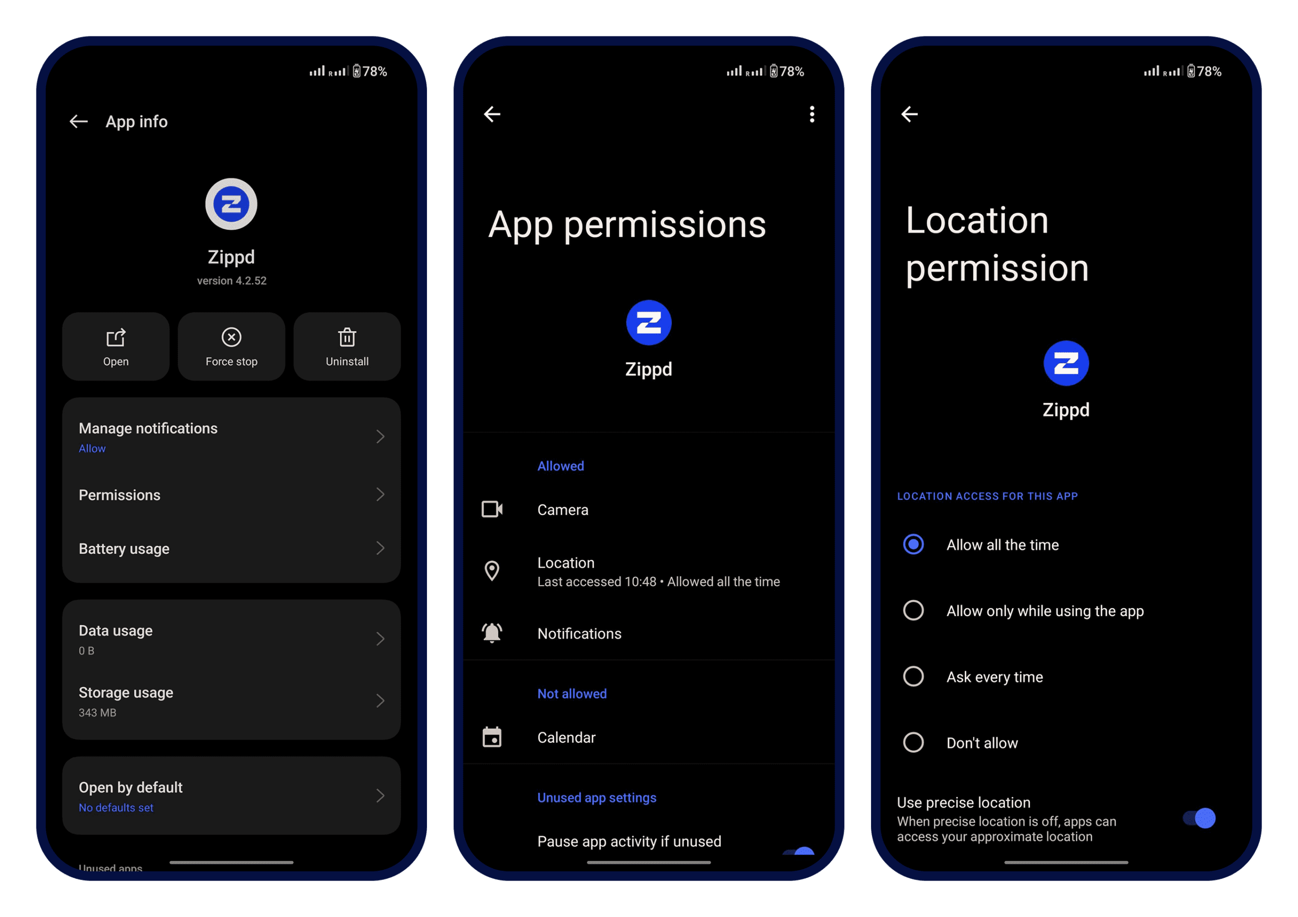 Zippd app permissions screen