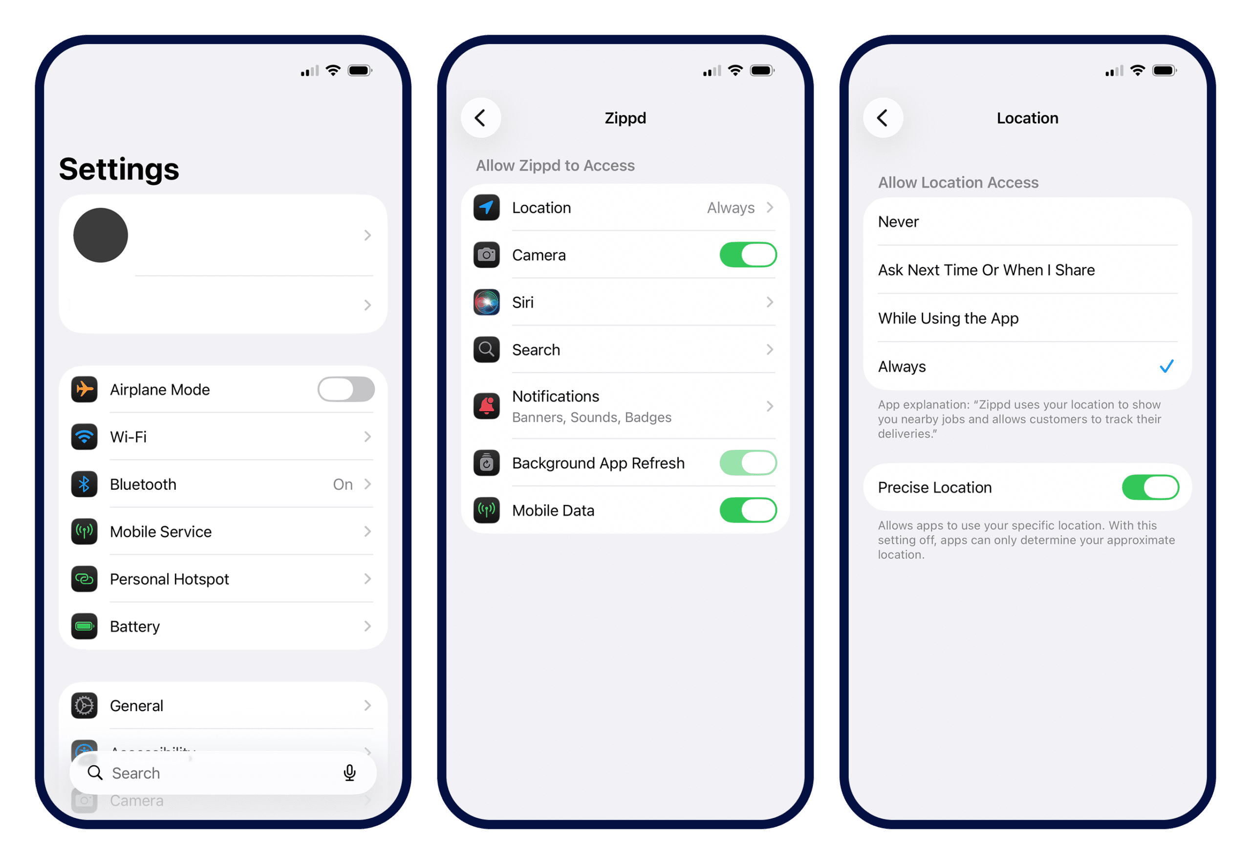 Mobile settings screen