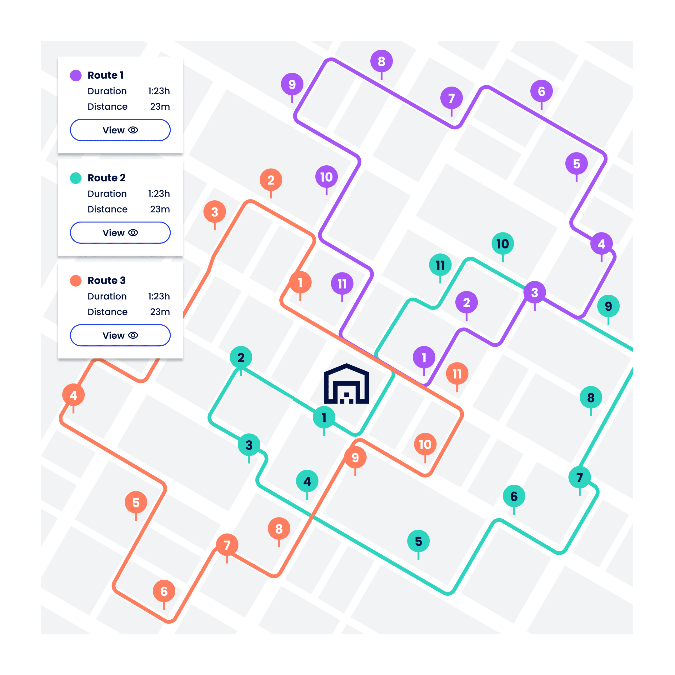 An image showing Zipd UI for route optimisation. It shows three routes, highlighted in different colours, with stops plotted across all three.