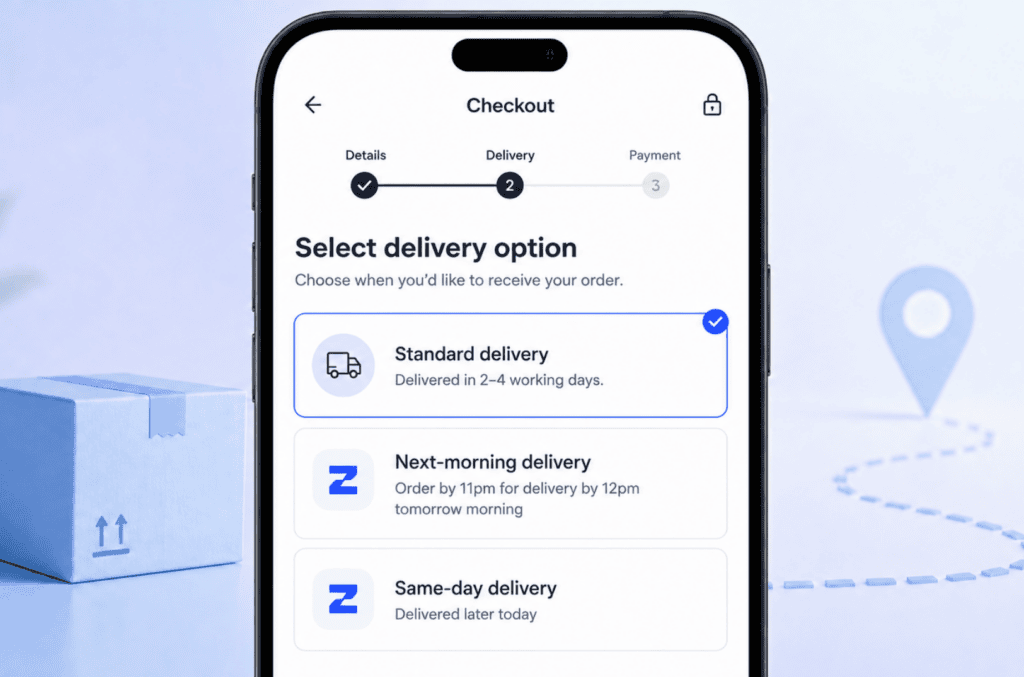A mobile phone showing an ecommerce checkout with the rapid delivery options: Next morning delivery and same-day delivery