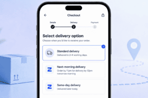 A mobile phone showing an ecommerce checkout with the rapid delivery options: Next morning delivery and same-day delivery