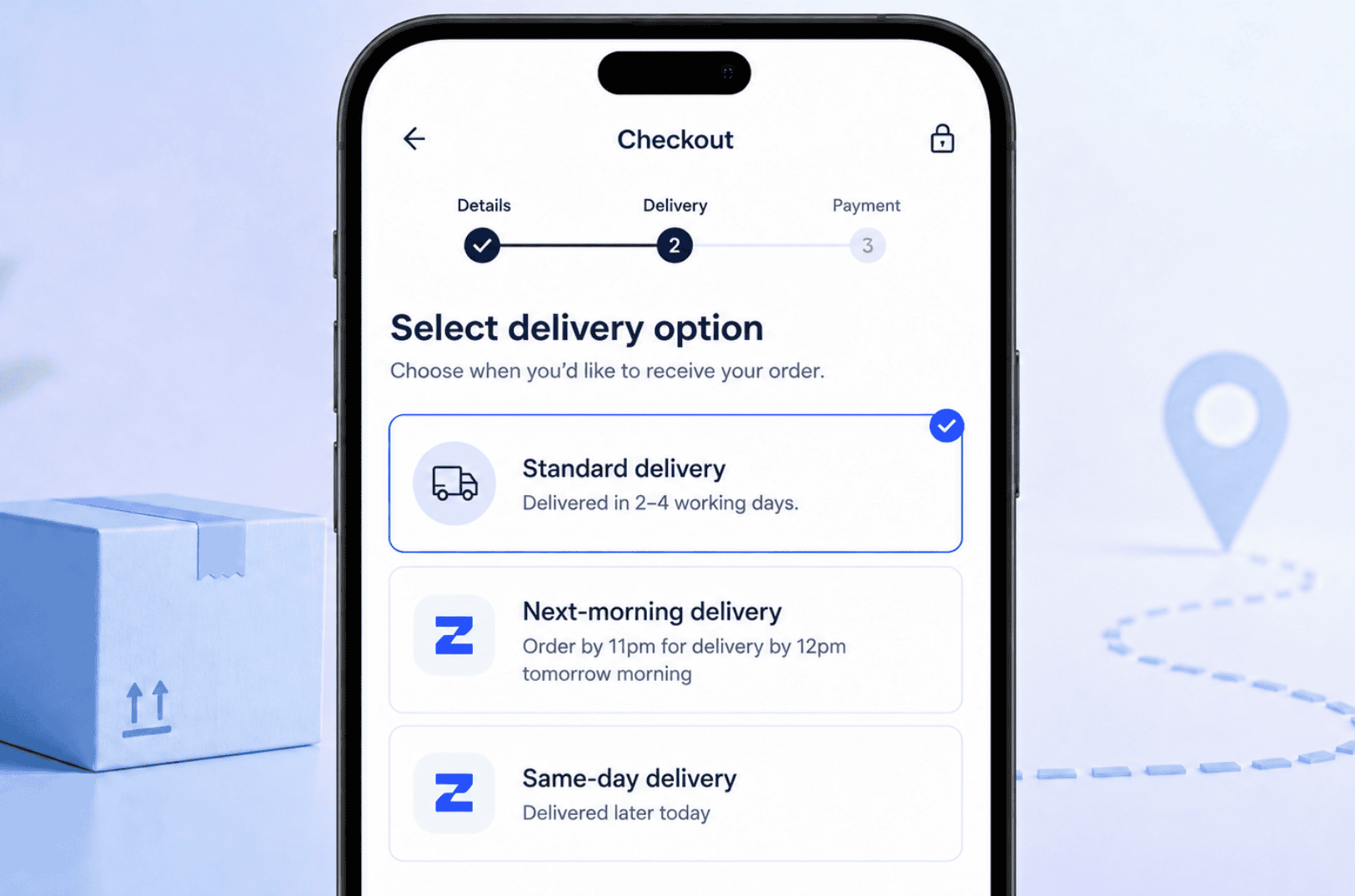 A mobile phone showing an ecommerce checkout with the rapid delivery options: Next morning delivery and same-day delivery